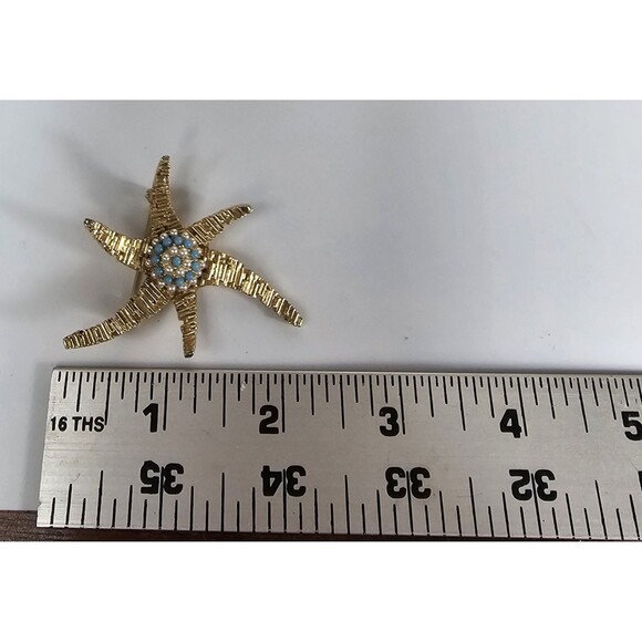 Vintage Starfish Brooch Gold Tone with Faux Turquoise & Pearl Cluster Jewelry - Picture 5 of 5